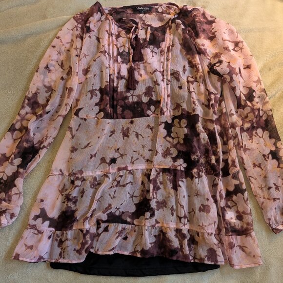 WOMEN'S BLOUSE Chadwick's of Boston Medium M Long Sleeve Pink Sheer Flowy Tassel - Picture 1 of 6